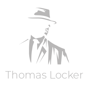 Thomas Locker Logo, Silhouette eines Mannes im Anzug und Hut – exklusiv und stilvoll.